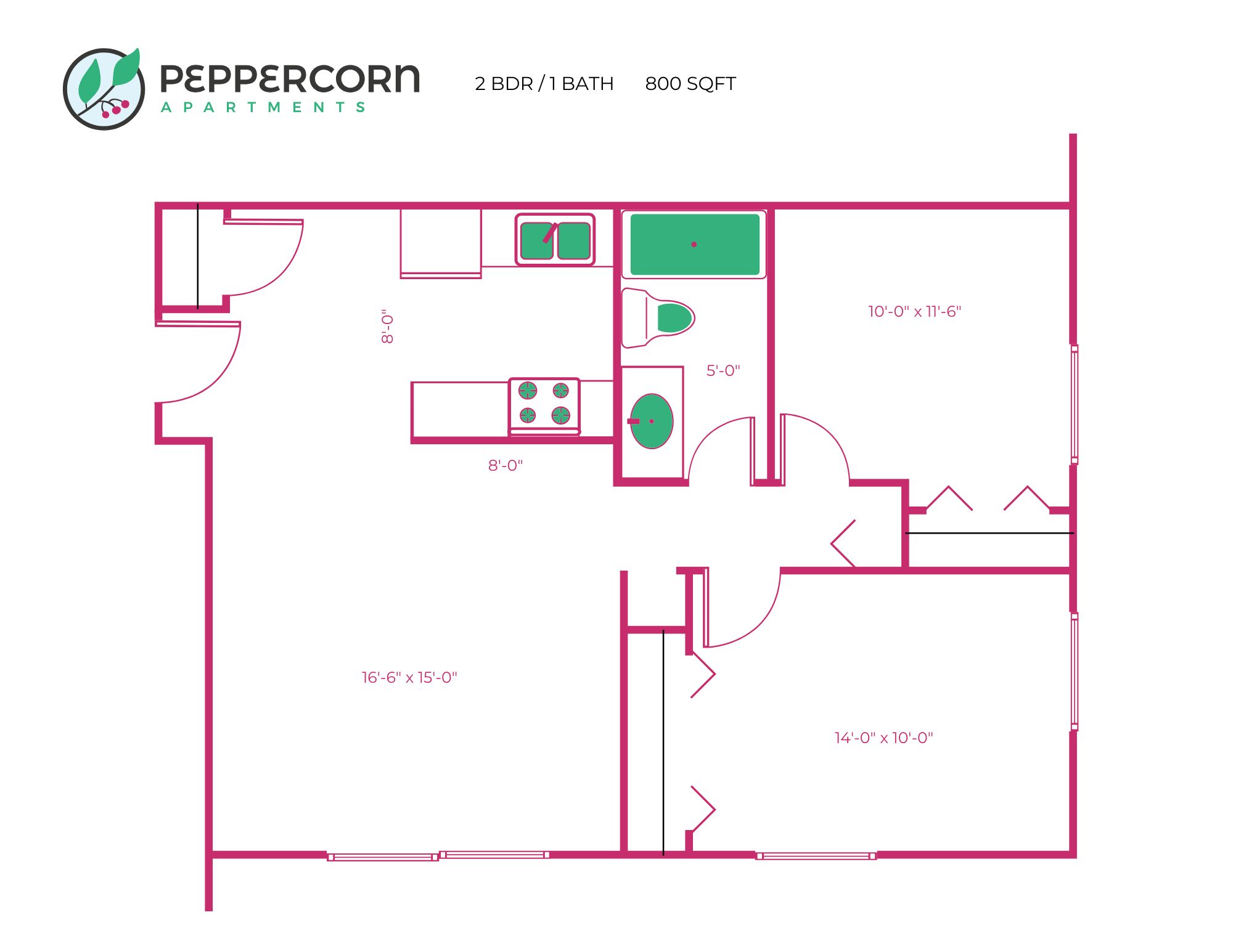 Floor plan for 2 beds, 1 bath, 800 sqft
